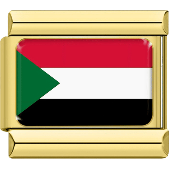 Gold Italian charm featuring the flag of Sudan with red, white, and black horizontal stripes and a green triangle on the left.